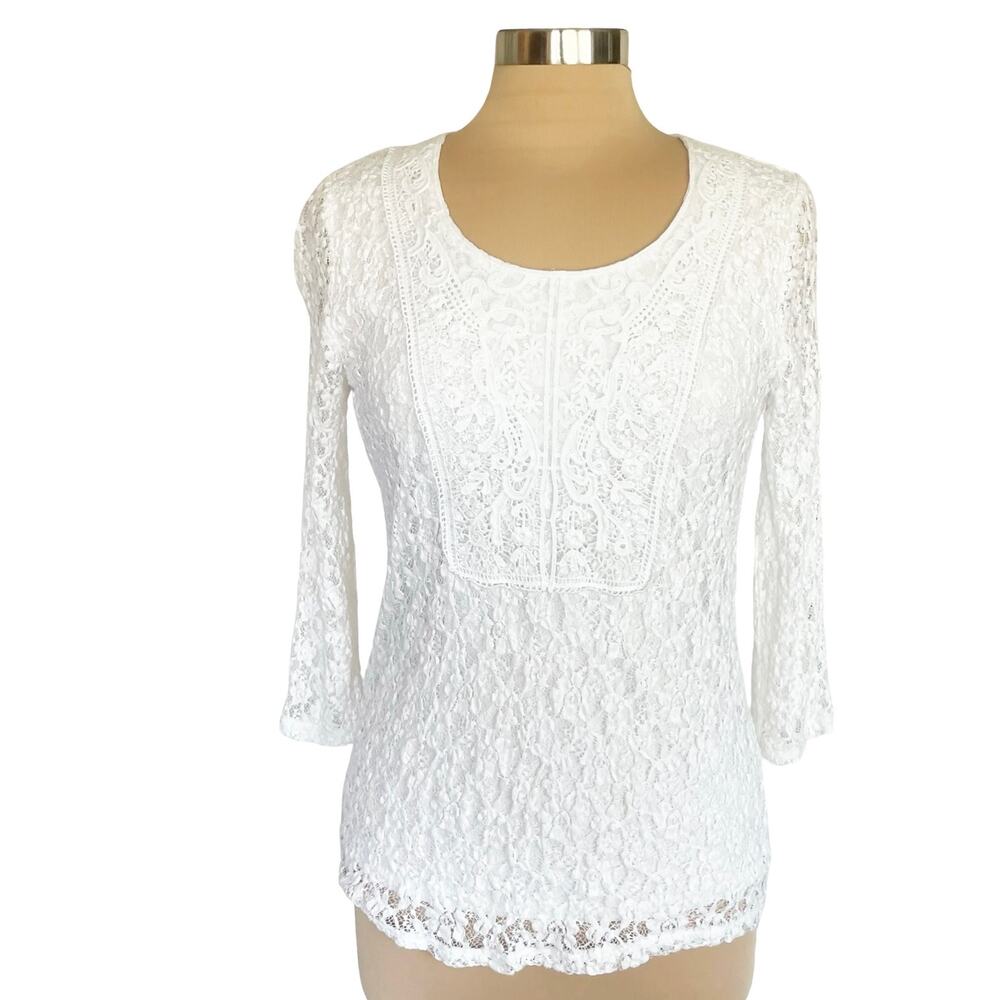 Peck & Peck Stretch Knit Top Lace Overlay Sheer Sleeves Sz Small Feminine Fairy